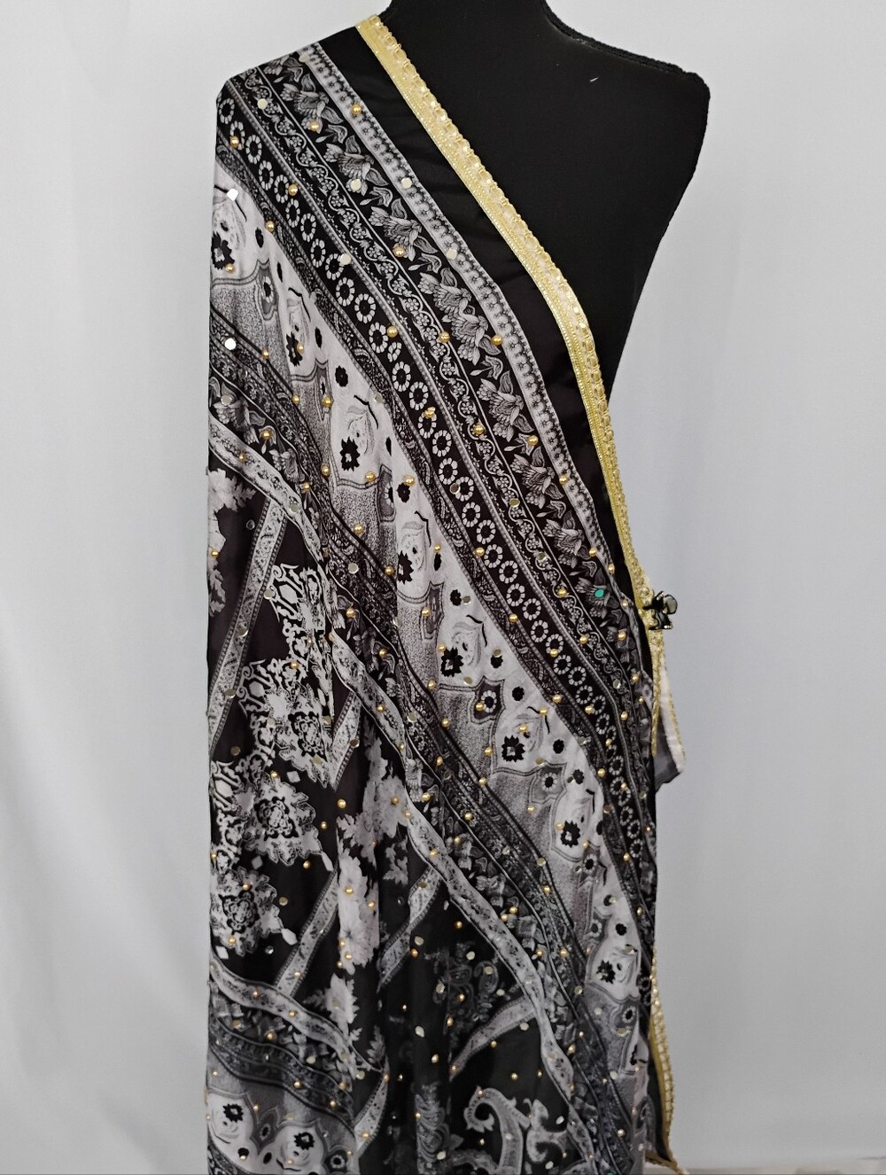 Black & White Chinon Dupatta With Pearls Attached